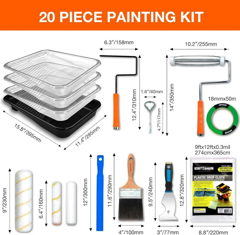 KingOrigin King Origin 20 Piece Paint Roller Kit, Paint Roller Covers 9-inch & 6-inch, Paint Brush, Paint Tray Liners & Accessories | Interior Painting Supplies for Walls & Ceiling | Paint Kit for House - Image 2